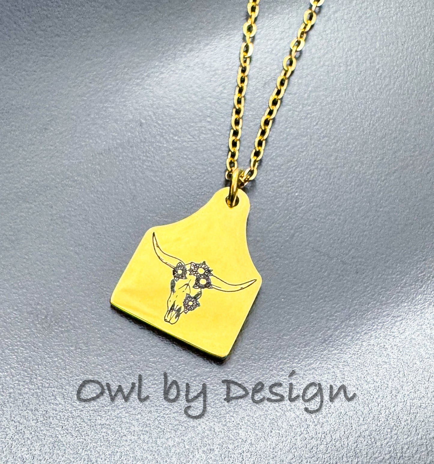 Flower Skull Cow Tag Necklace
