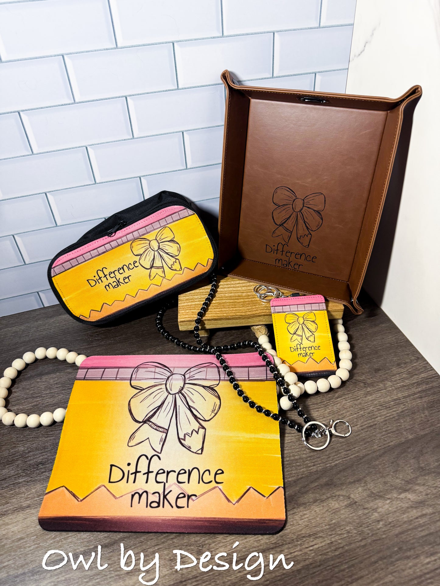 Difference Maker Teacher Appreciation Bundle - Lanyard, Badge Holder, Mousepad, Tray, and Pencil Pouch