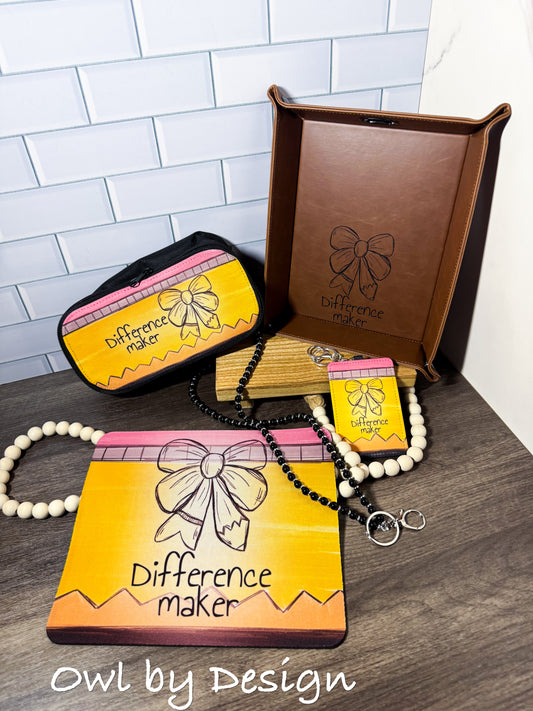 Difference Maker Teacher Appreciation Bundle - Lanyard, Badge Holder, Mousepad, Tray, and Pencil Pouch