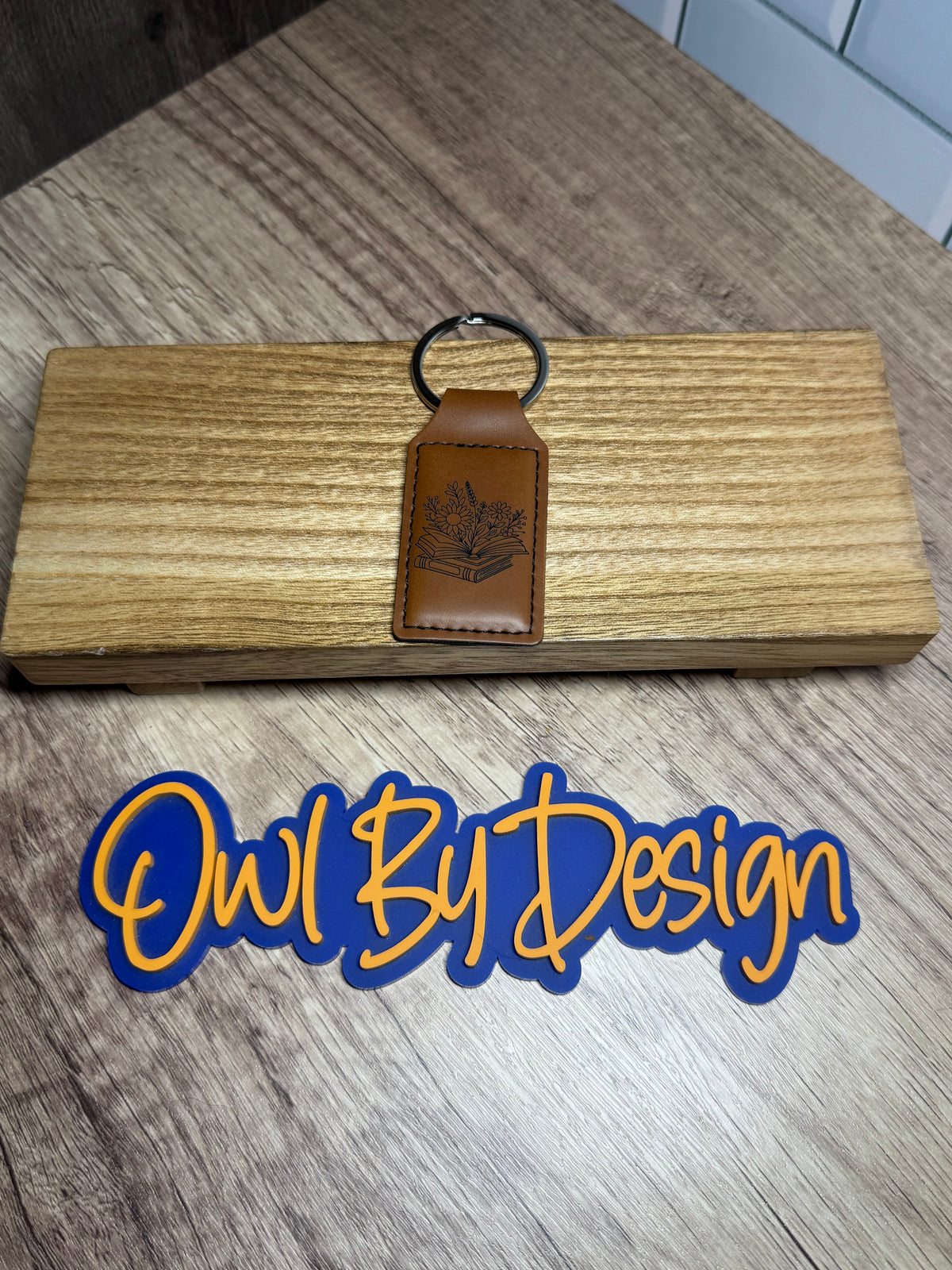 Floral Books Small Leather Keychain