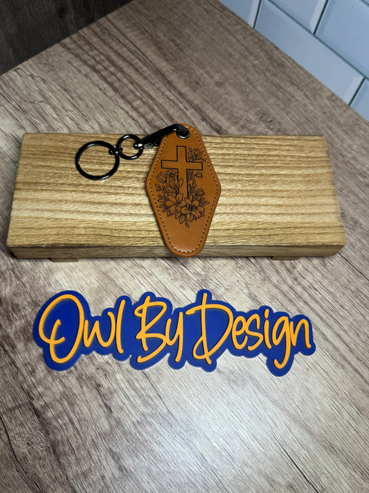 Floral Cross Large Leather Keychain