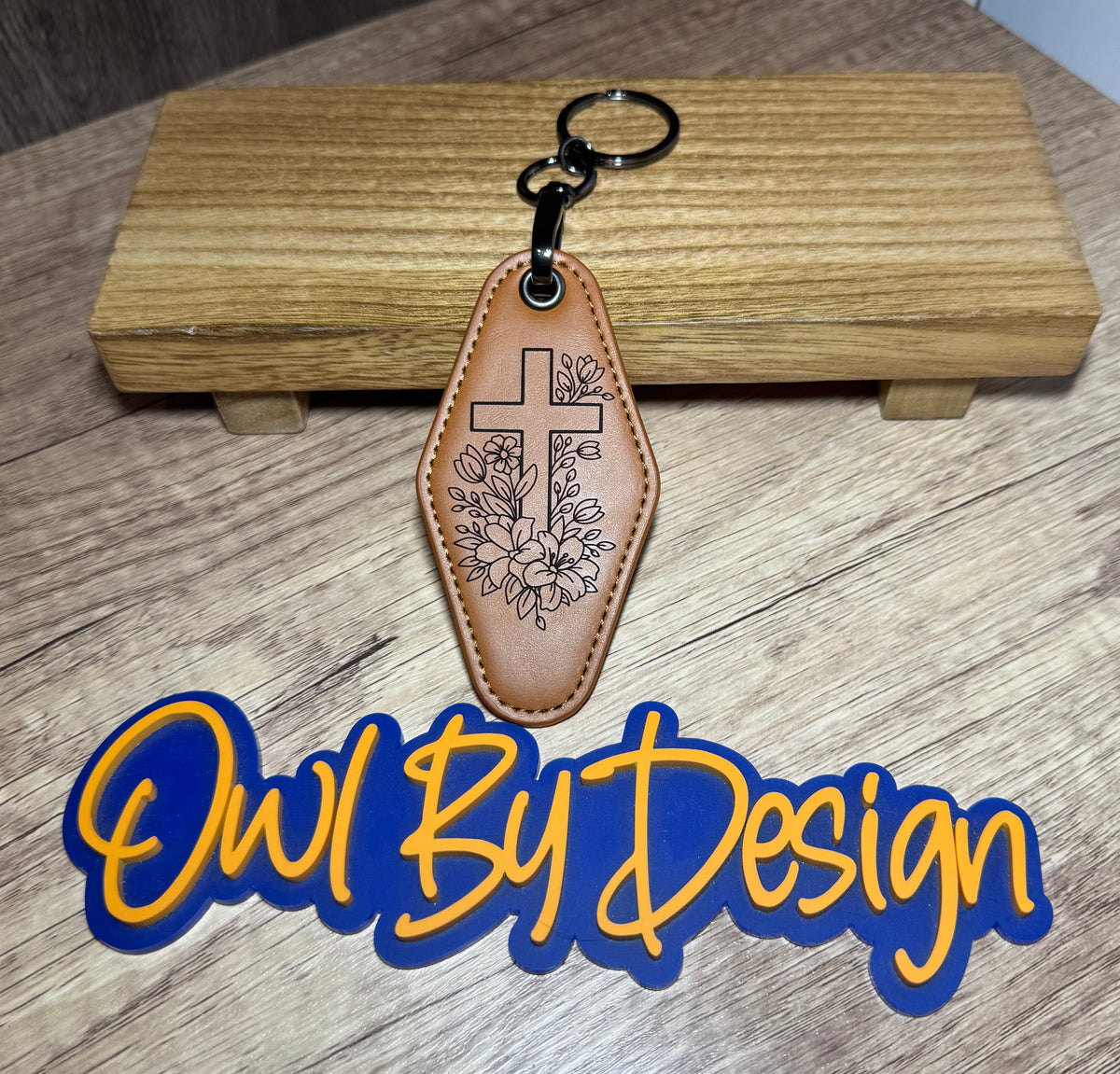 Floral Cross Large Leather Keychain