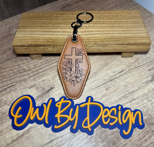 Floral Cross Large Leather Keychain