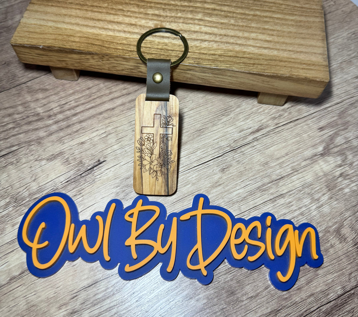 Floral Cross Small Wood Keychain
