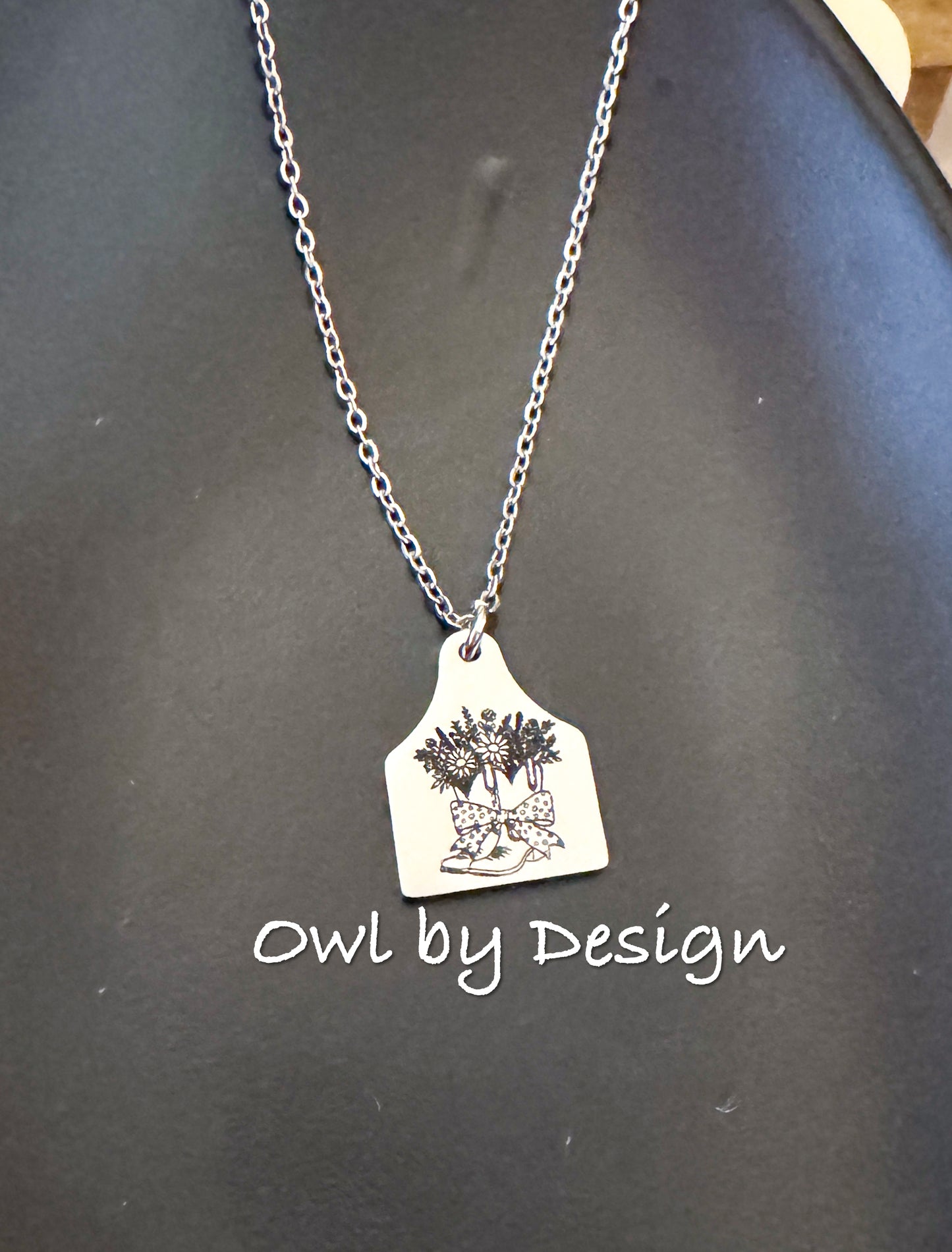 Floral Boots Cow Tag Necklace