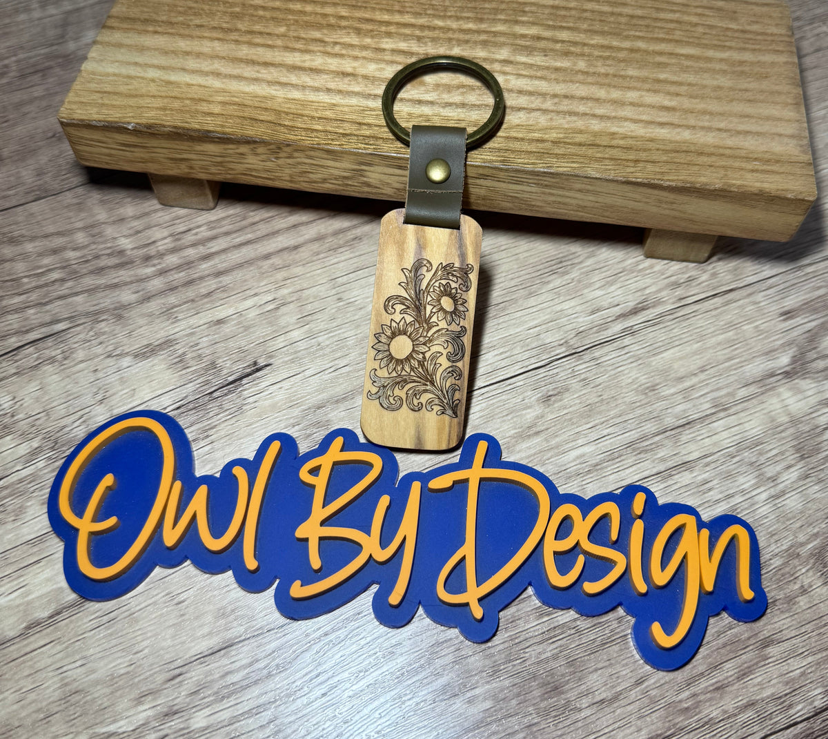 Leather Sunflower Small Wood Keychain
