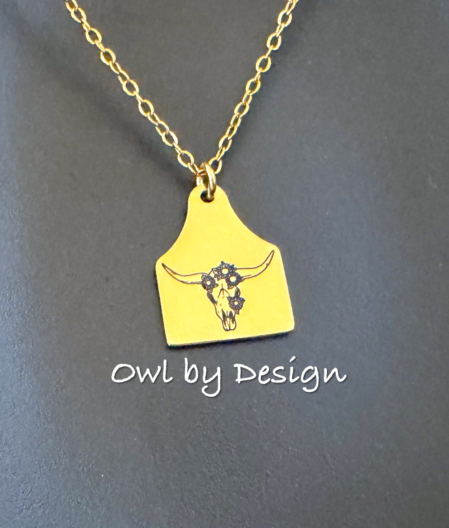 Flower Skull Cow Tag Necklace