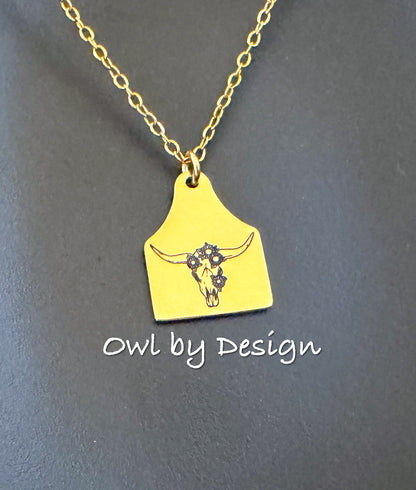 Flower Skull Cow Tag Necklace