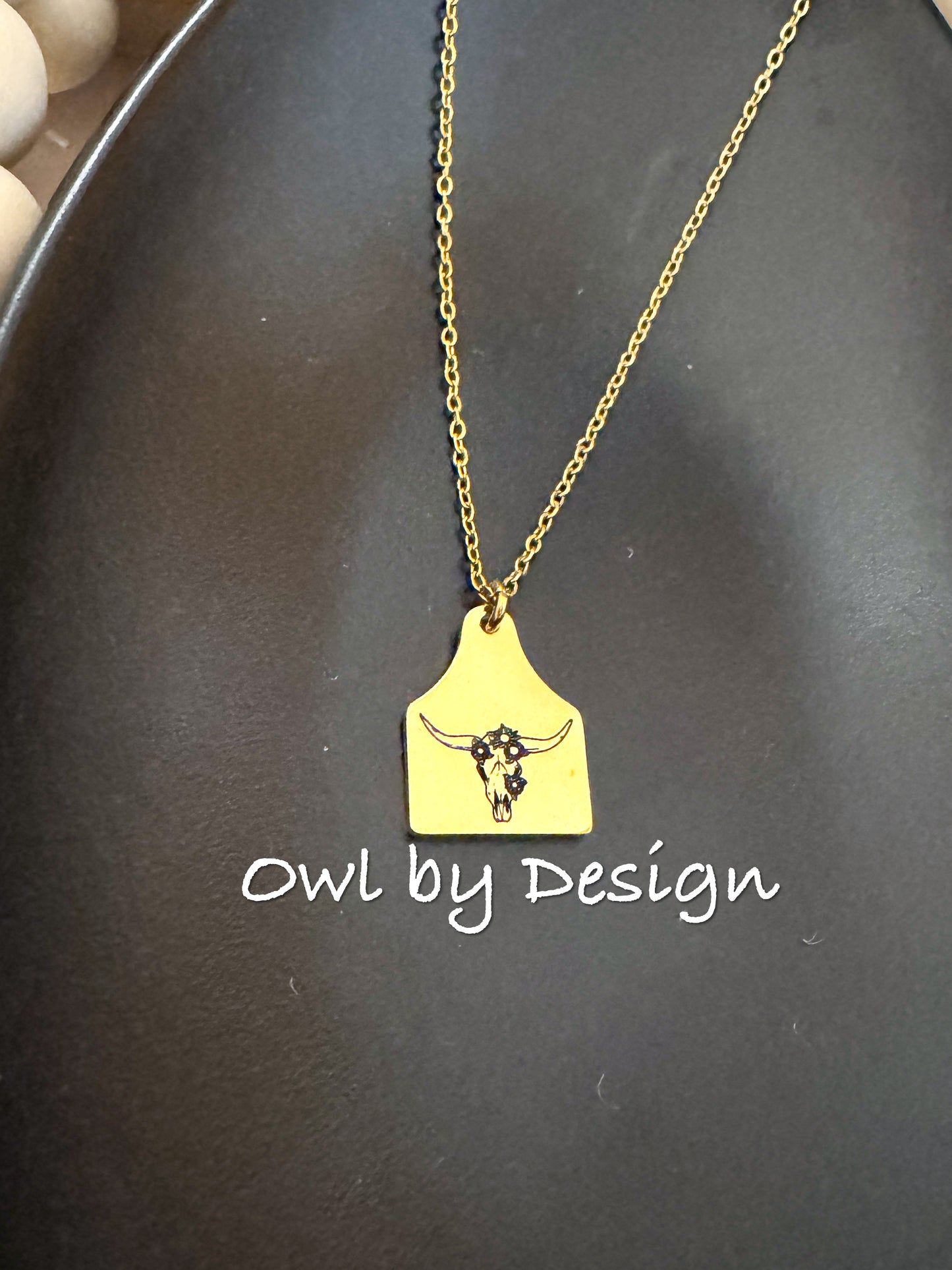 Flower Skull Cow Tag Necklace