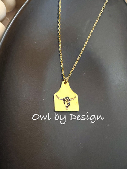 Flower Skull Cow Tag Necklace