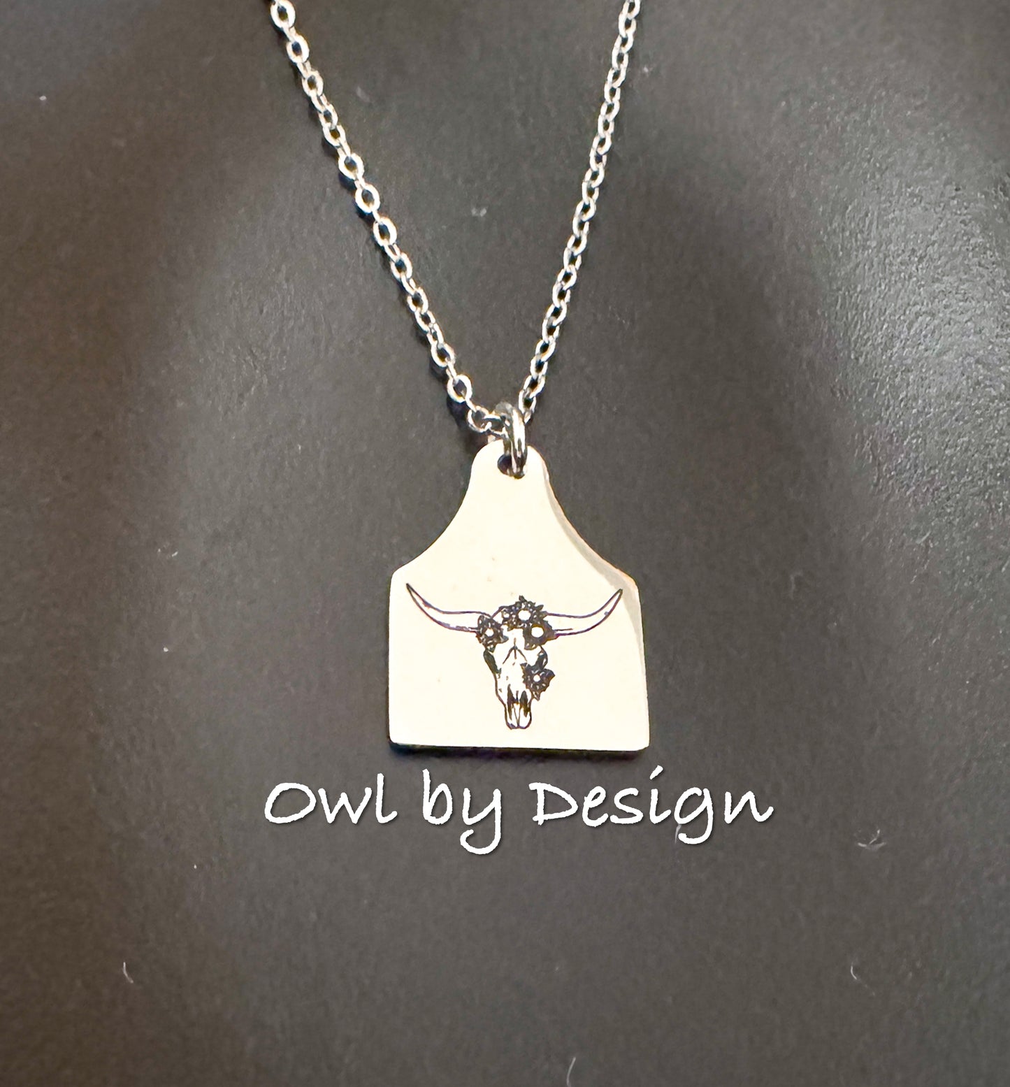 Flower Skull Cow Tag Necklace