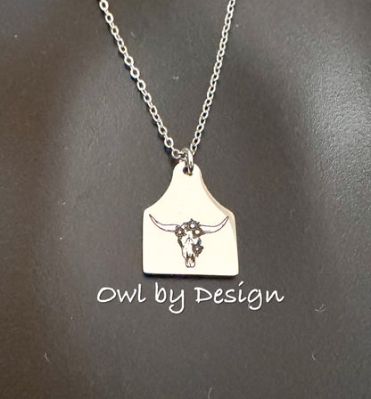 Flower Skull Cow Tag Necklace