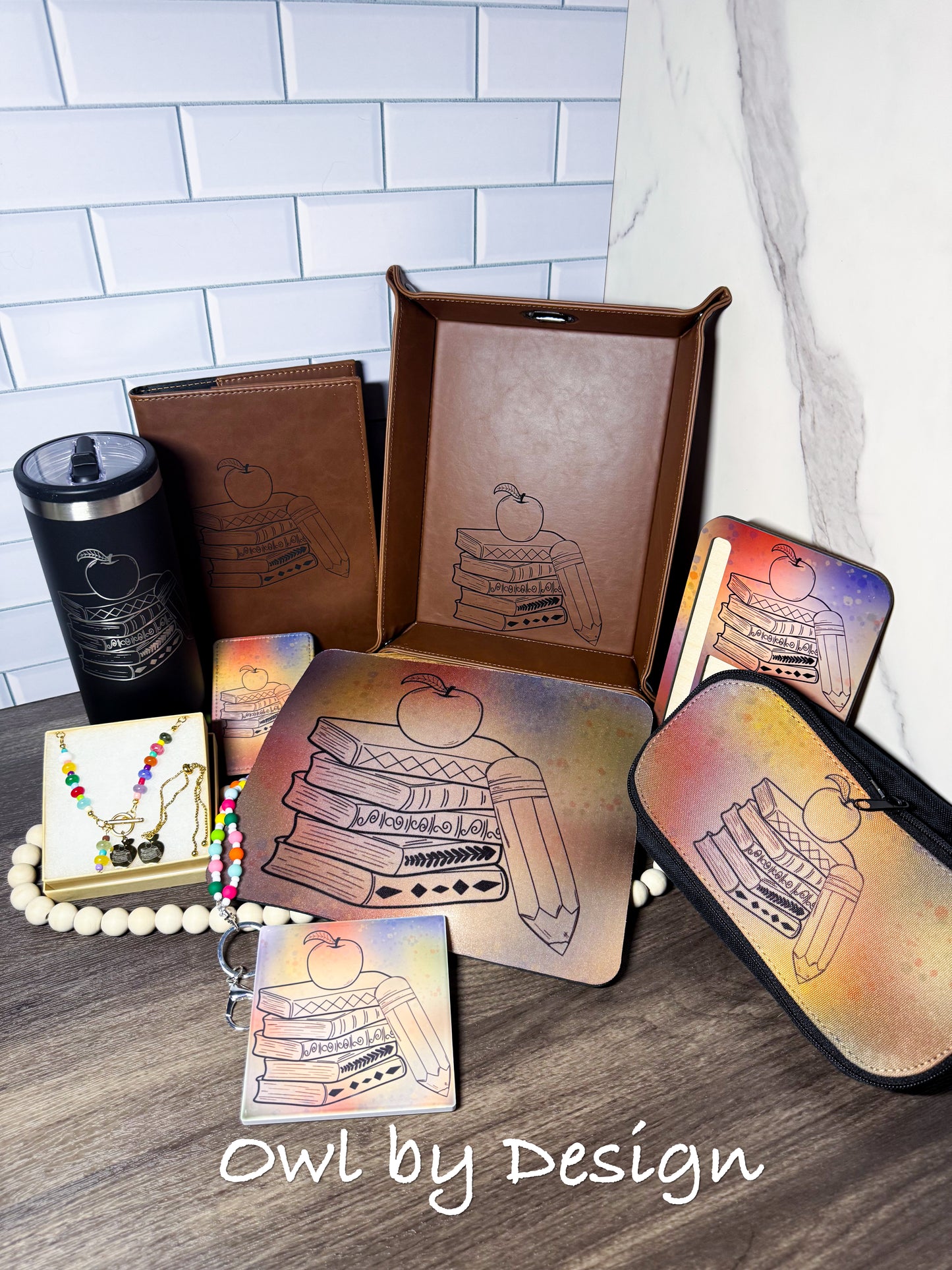 Teacher Necessities Ultimate Bundle - Lanyard, Badge Holder, Mousepad, Note/Pen Holder, Tray, Necklace, Bracelet, Tumbler, Coaster, Journal, Pencil Pouch