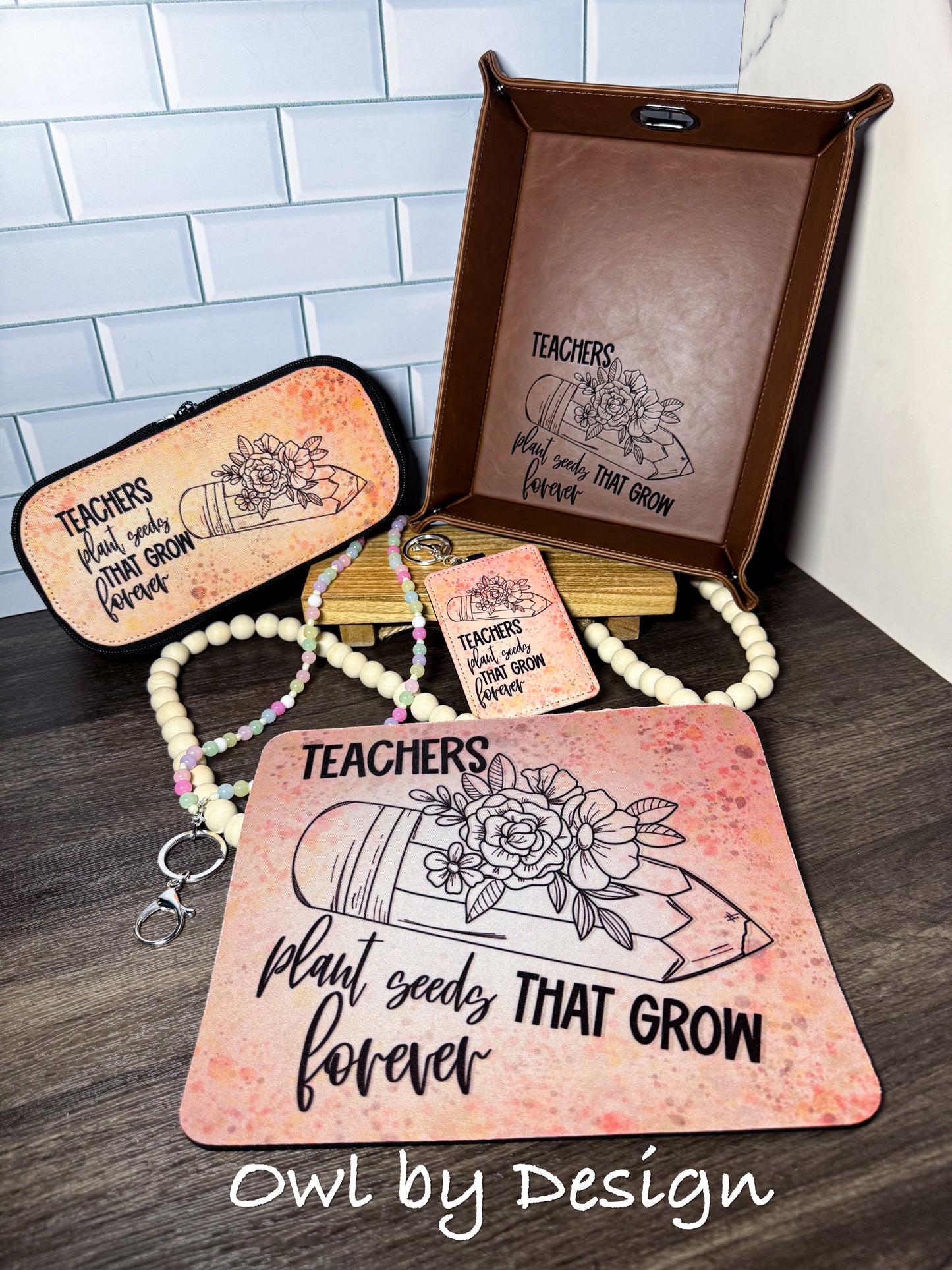 Teachers Plant Seeds Teacher Appreciation Bundle - Lanyard, Badge Holder, Mousepad, Tray, and Pencil Pouch