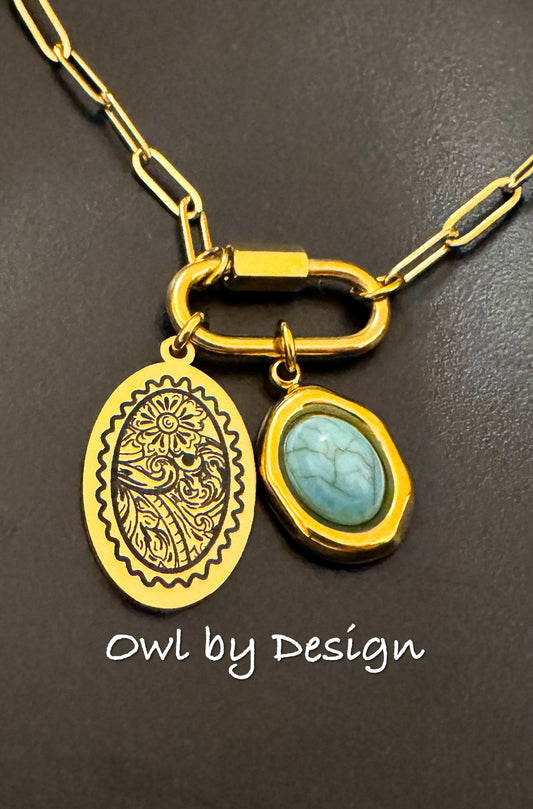 Turquoise Tooled Leather Charm Necklace